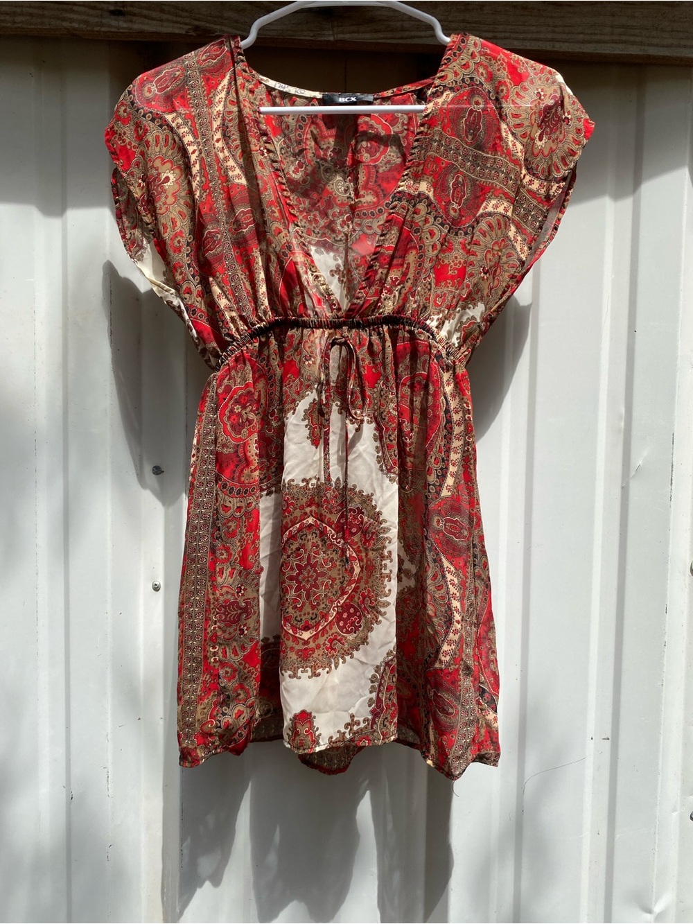 BCX Made in USA Red Cream Paisley Print Boho Tunic Top Cinched Elastic Waist
